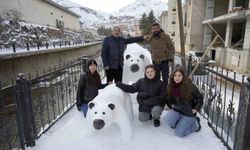 Tır şoförünün kardan yaptığı anne ve yavru ayı ilgi odağı oldu