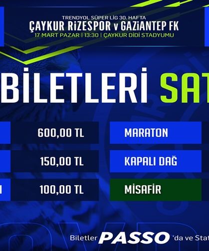 Çaykur Rizespor - Gaziantep FK Maçının Biletleri Satışa Sunuldu