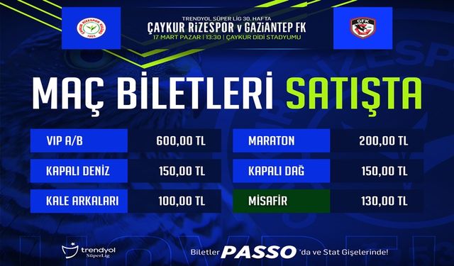 Çaykur Rizespor - Gaziantep FK Maçının Biletleri Satışa Sunuldu