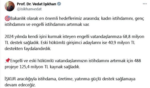 Bakan Işıkhan: Kendi işini kuran engellilere 68,8 milyon lira destek sağladık