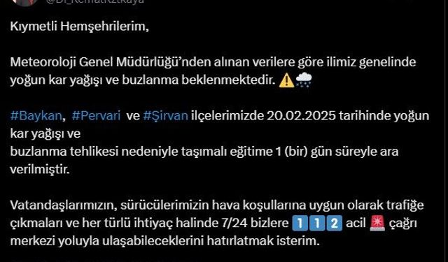 Siirt'in 3 ilçesinde taşımalı eğitime 1 gün ara