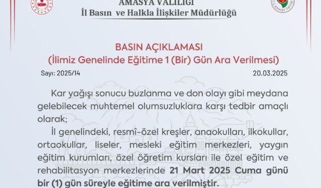 Amasya’da okullara 'kar' tatili