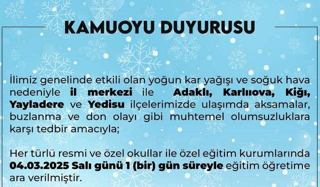Bingöl'de kent merkezi ve 5 ilçede eğitime 1 gün ara