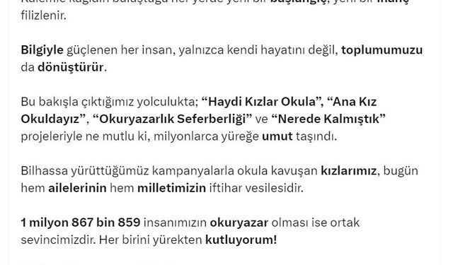 Emine Erdoğan'dan 'Dünya Okuma Yazma Günü' paylaşımı