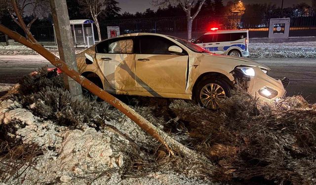 Alkollü sürücü önce ağacı devirdi ardından aydınlatma direğine çarptı