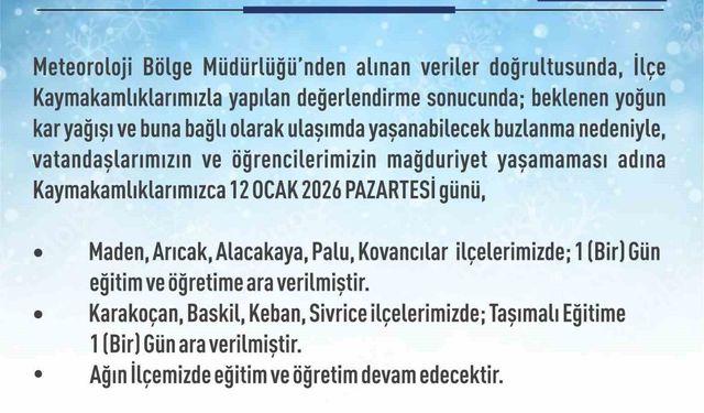Elazığ'da 5 ilçede eğitim-öğretime ara verildi