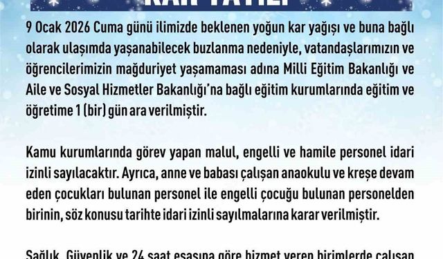 Elazığ'da eğitime 1 gün ara verildi