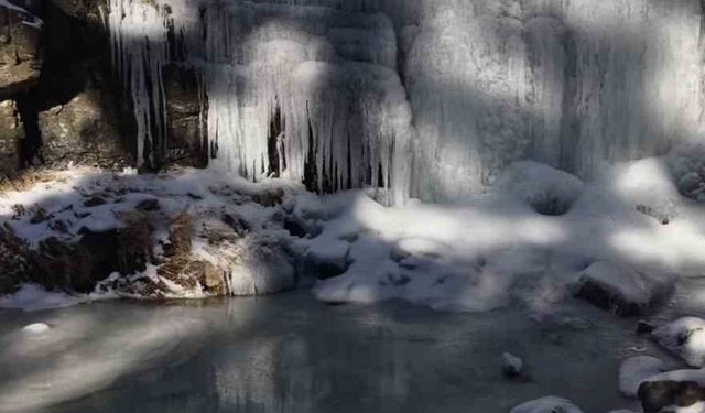 Kaz Dağları'nda görsel şölen; -12 derecede donan şelale büyüledi