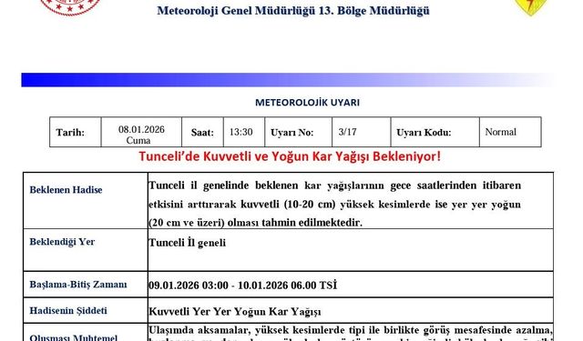 Tunceli için kuvvetli ve yoğun kar uyarısı