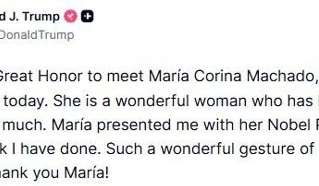 Venezuelalı muhalif lider Machado Nobel Barış Ödülü madalyasını Trump'a verdi