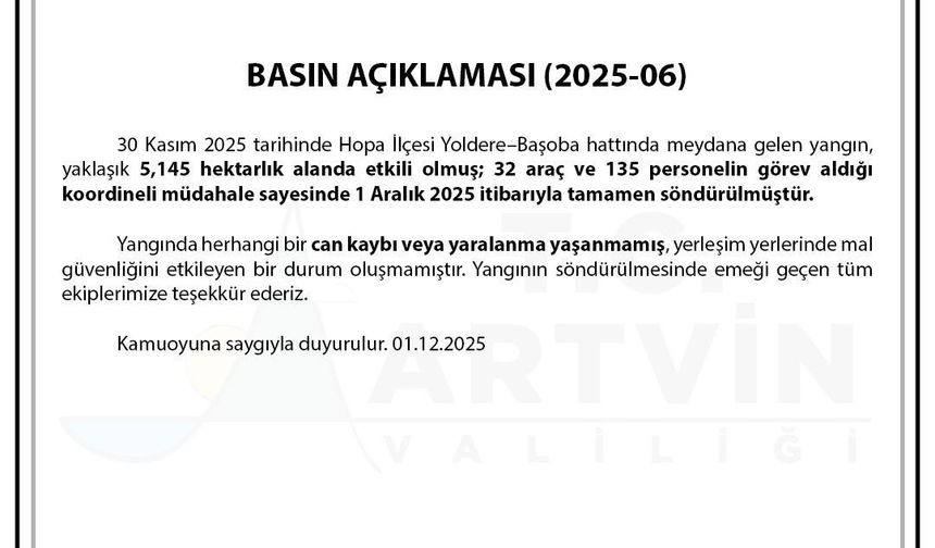 Artvin Valiliği: "Hopa’daki orman yangını tamamen söndürüldü"