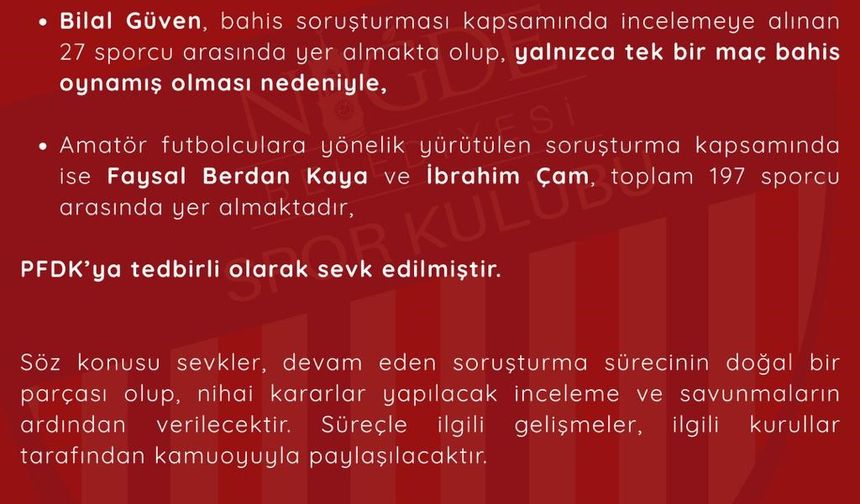 Niğde Belediyespor’dan futbolcularla ilgili bahis soruşturmasına ilişkin açıklama
